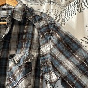 Helix blue brown plaid long sleeve snap button plaid shirt